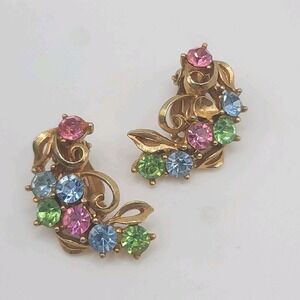 Vintage Weiss Rhinestone Earrings Pastel Fruit Salad Gold Tone Clip Ons READ